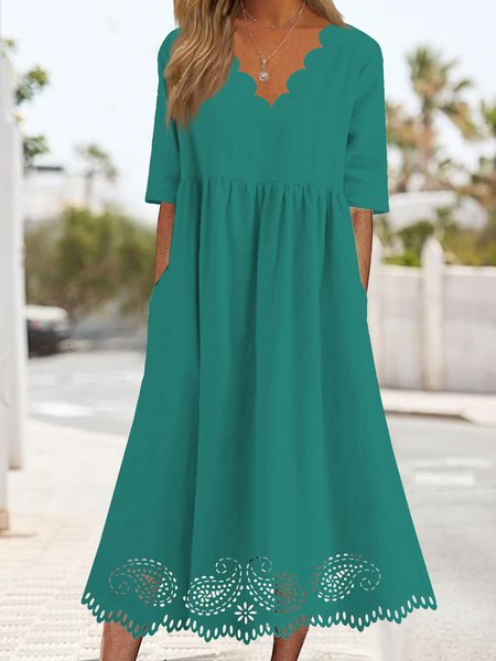 

JFN V Neck Solid Casual Midi Prom Dress, Green, Formal Dresses