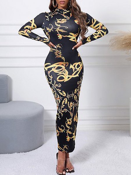 

Half Turtleneck Abstract Tight Daily Long Dress, Black, Maxi Dresses