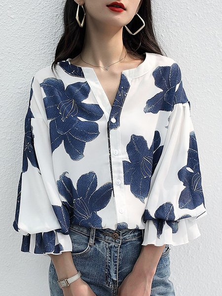 

Elegant V Neck Loose Three Quarter Floral Blouse, White, Blouses and Shirts