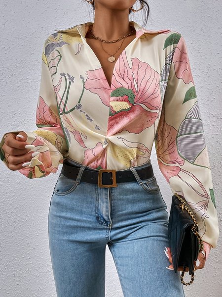 

Long Sleeve Elegant Shirt Collar Floral Blouse, Apricot, Blouses and Shirts