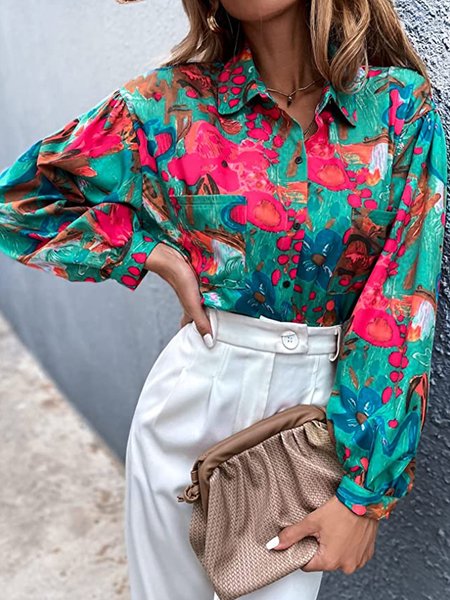 

Floral Loosen Daily Shirt Collar Blouse, Multicolor, Blouses and Shirts