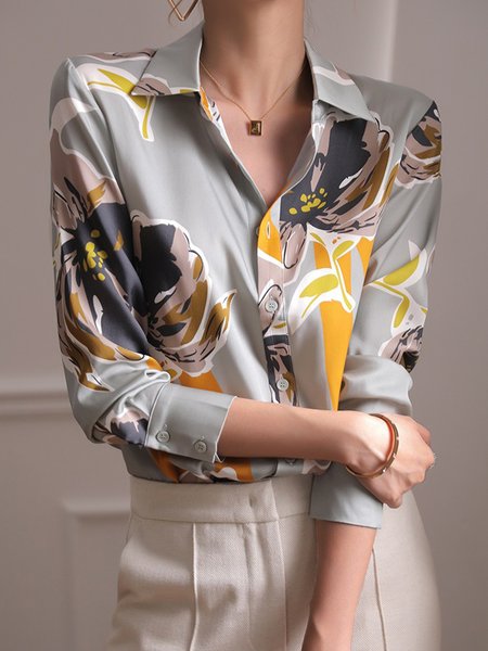 

Elegant Floral Shirt Collar Long Sleeve Blouse, As picture, Blouses and Shirts