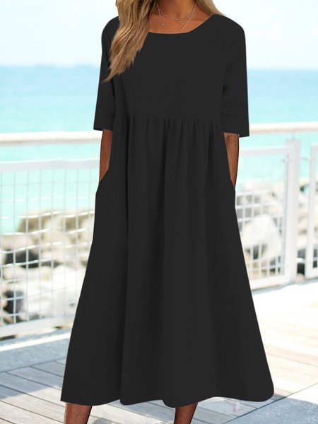 

JFN Crew Neck Plain Loose Pocket Long Midi Dress, Black, Dresses