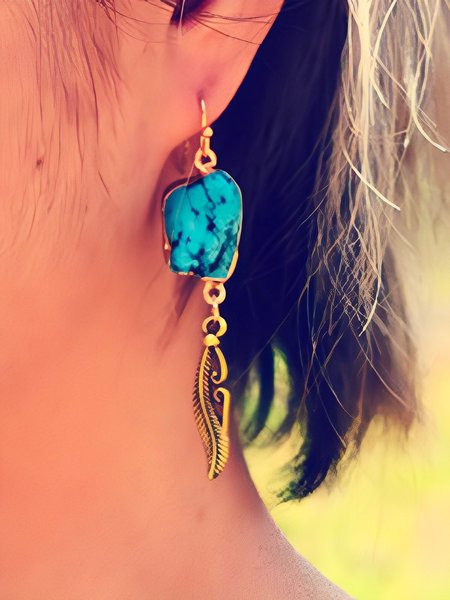

Ethnic Vintage Turquoise Gold Covered Earrings Feather Earrings, Golden, Earrings