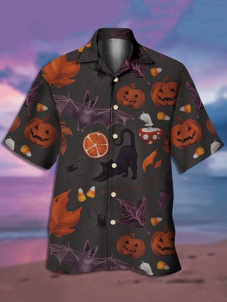 

Men's Halloween Printed Casual Fabric Lapel Short Sleeve Hawaiian Shirt, Black, Men's Floral shirt