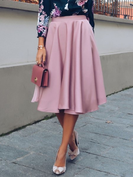 

Elegant A-Line Plain Midi Skirt, Pink, Mini Skirts