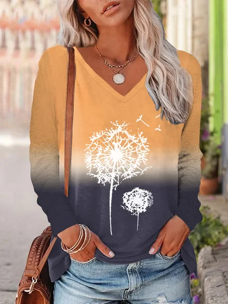 

Casual Ombre Dandelion V Neck T-Shirt, Orange, Tops