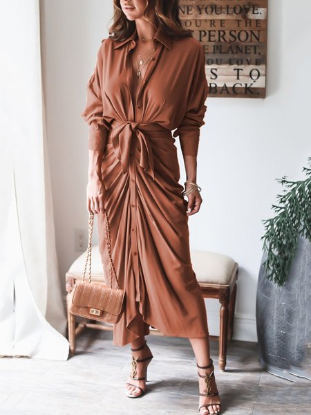

Shirt Collar Elegant Loosen Midi Dress, Brown, Maxi Dresses