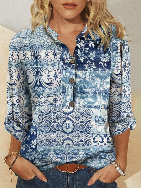 

Vintage Stand Collar Ethnic Loose Blouse, Blue, Shirts & Blouses