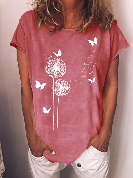 

Women Funny Graphic Butterfly and Dandelion Crew Neck T-Shirt, Pink, T-shirts