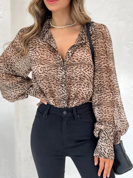

Autumn H-Line Long sleeve Urban Leopard Loose Daily Blouse, Blouses and Shirts