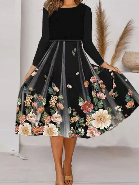 

Floral Loose Crew Neck Casual Dress, Black, Dresses