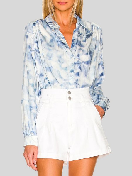 

Elegant Floral Printed Long Sleeve Shirt Collar Blouse, Blue, Blouses and Shirts