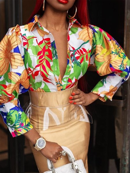 

Floral Urban Loose Shirt Collar Blouse, Multicolor, Blouses and Shirts