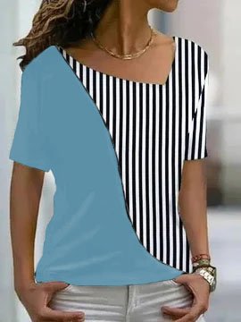 

JFN Asymmetrical Neck Striped Color Block Basic Casual T-Shirt/Tee, Blue, T-Shirts