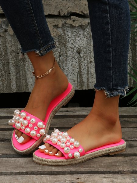 

Pearl Straw Bottom Casual Sandals, Deep pink, Sandals & Slippers