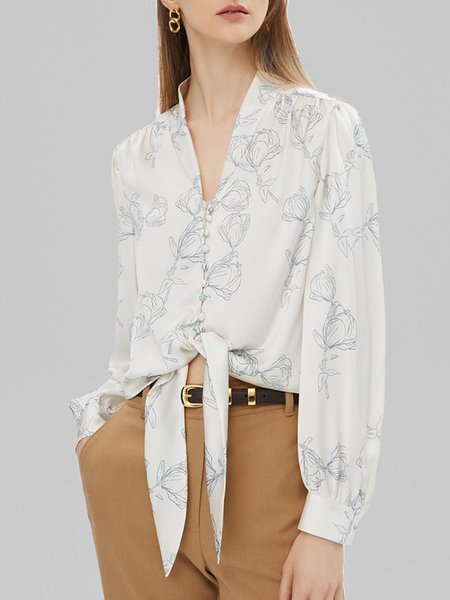

Elegant V Neck Loose Floral Long Sleeve Blouse, White, Blouses and Shirts