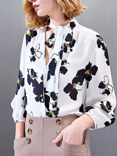 

Floral Urban Loosen Long Sleeve Daily Blouse, White, Blouses and Shirts