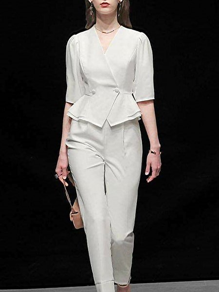 

Long Sleeve Plain Regular Fit Elegant Blouse, White, Blouses and Shirts