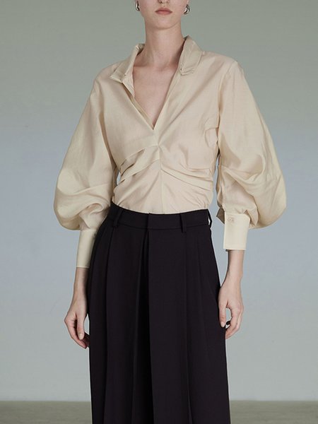 

Lantern Sleeve Simple Shirt Collar Plain Blouse, Light khaki, Blouses and Shirts