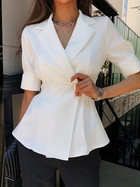 

Plain Simple Shawl Collar Elegant Daily Blouse, White, Blouses and Shirts