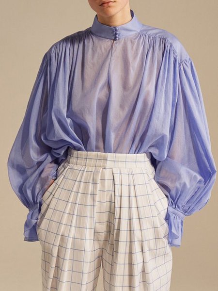 

Stand Collar Lantern Sleeve Simple Blouse, Blue, Blouses and Shirts