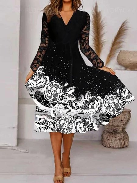 

Floral V Neck Vacation Loose Dresses, Black, Dresses