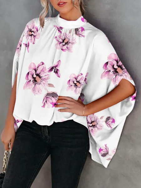 

Daily Half sleeve Floral Stand Collar Loose Top, White, Blouses and Shirts