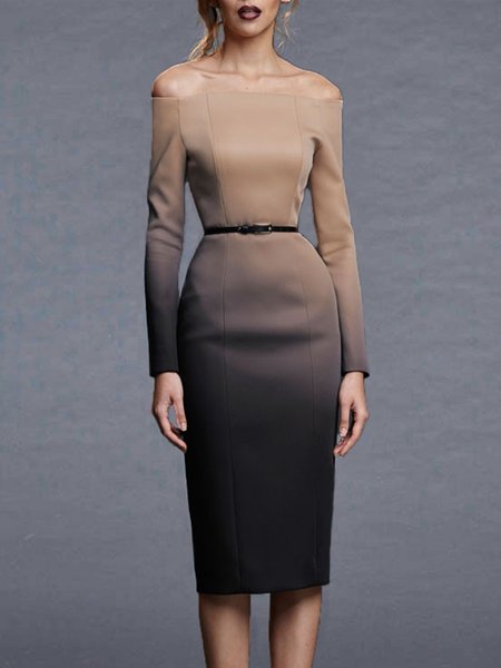 

Elegant Long Sleeve Regular Fit Ombre Midi Dress, Khaki, Midi Dresses
