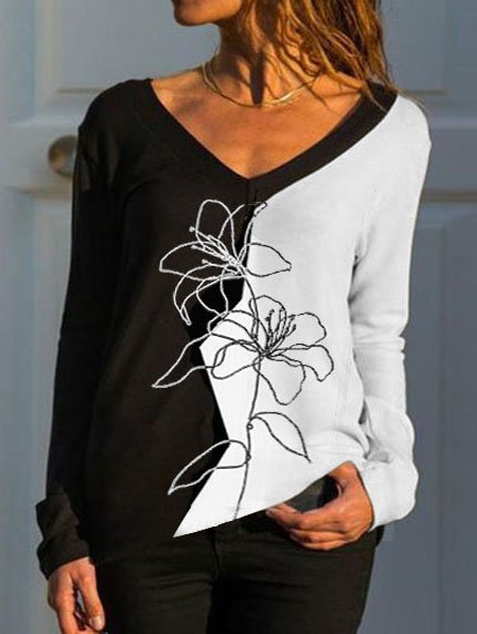 

Casual Contrast Floral Design V-Neck Loose Knit T-Shirt, Black, T-Shirts