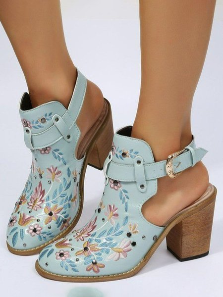 

Floral Embroidered Studs Open Heel Chunky Heel Ankle Boots, Aqua, Boots