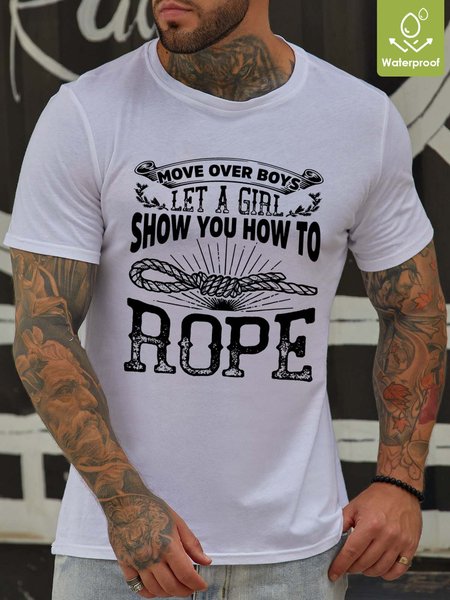

Men Rope Letters Waterproof Oilproof Stainproof Fabric Casual Crew Neck T-Shirt, White, T-shirts