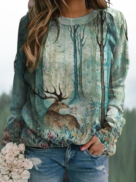 

Casual Animal Print Crew Neck Knit Long Sleeve Sweatshirt, Green, Sweatshirts & Hoodies