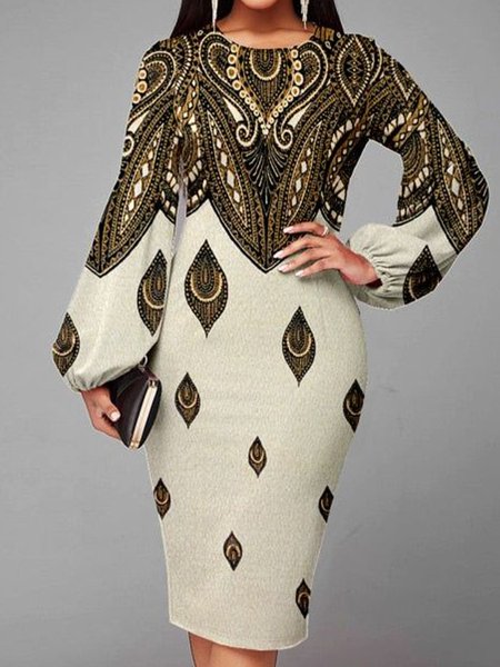 

Regular Fit Lantern Sleeve Crew Neck Ethnic Midi Dress, Beige, Midi Dresses