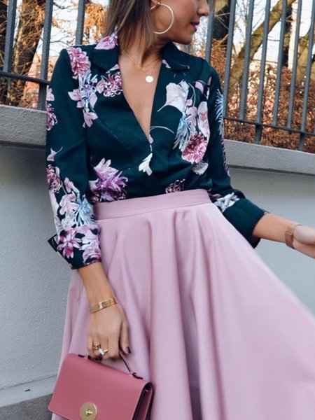 

Elegant Floral Long Sleeve Lapel Collar Blouse, Black, Blouses and Shirts