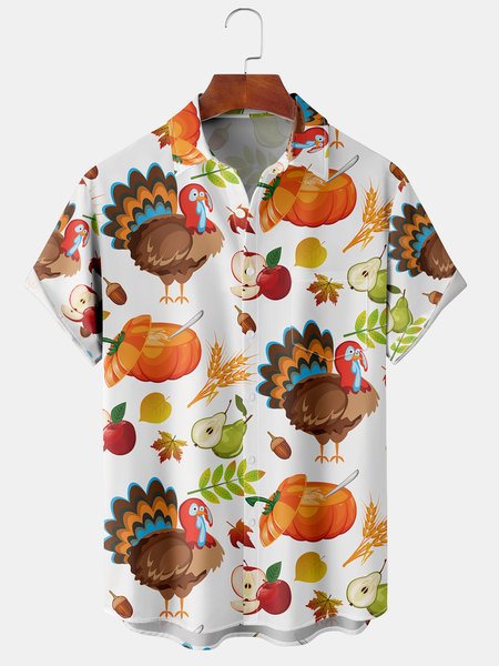 

Men's Thanksgiving Pumpkin and Turkey Print Casual Breathable Hawaiian Short Sleeve Shirt, As picture, Short Sleeve Shirts