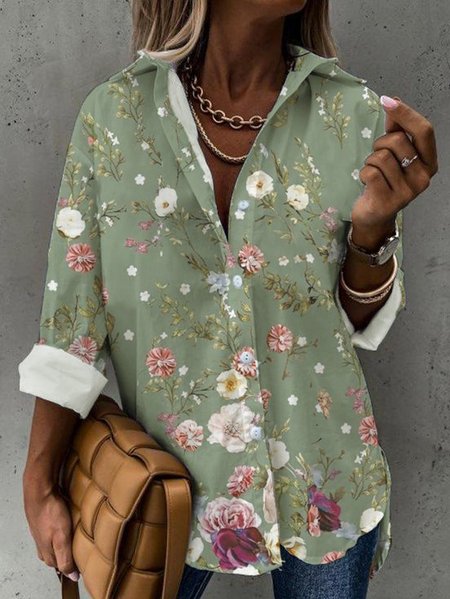 

Casual Cotton-Blend Blouse, Green, Shirts & Blouses