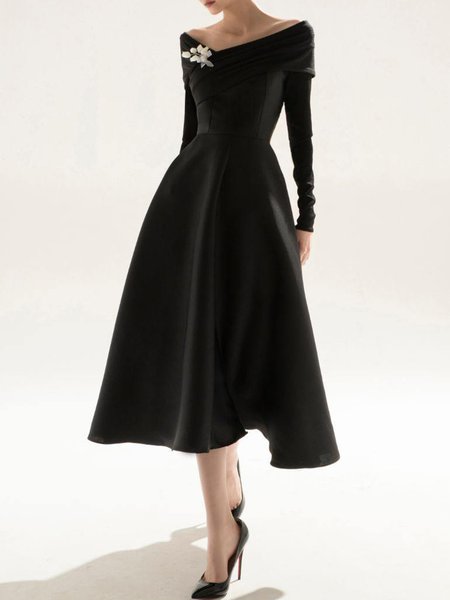 

Elegant Plain Cold Shoulder Midi Dress, Black, Midi Dresses