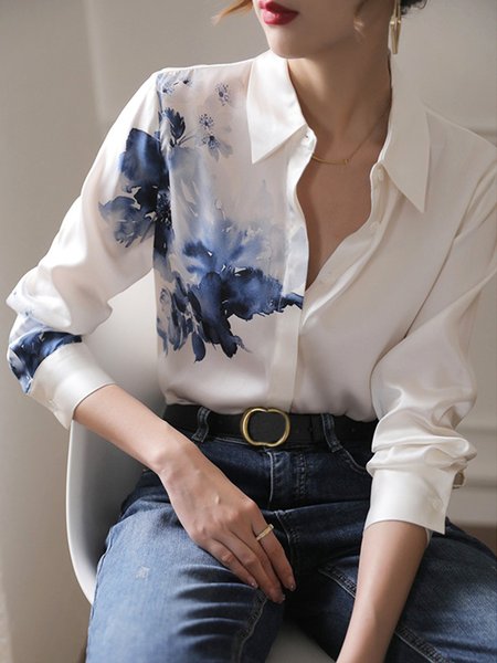 

Elegant Floral Printed Long Sleeve Blouse, White, Blouses and Shirts