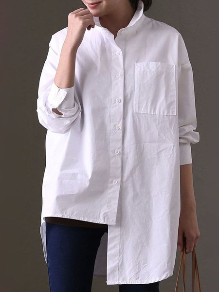 

Daily Long sleeve Plain Simple Shirt Collar Blouse, White, Blouses and Shirts
