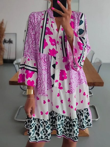 

Rose Red Leopard Vacation Loose Stand Collar Dress, Mini Dresses