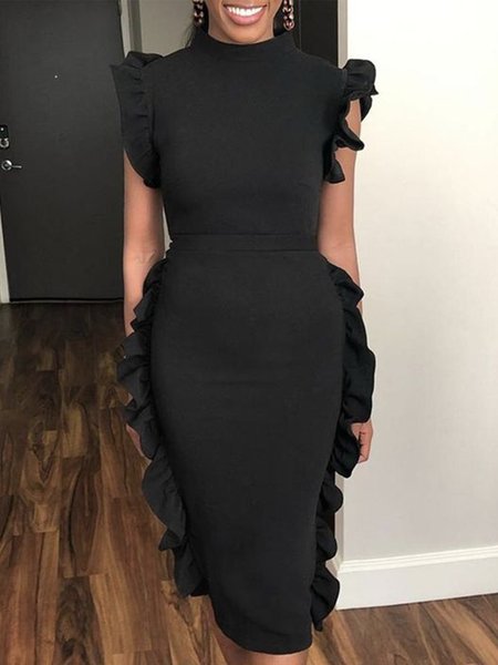 

Elegant Tight Plain Sleeveless Knee Dress, Black, Midi Dresses
