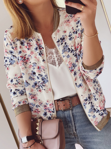 

Floral Sequin zipper loose jacket plus size, Multicolor, Coats