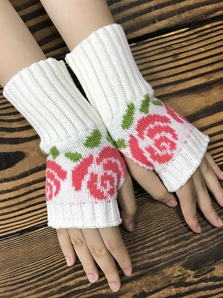 

Rose Flower Hand Knitting Half Finger Gloves Warm Gloves, White, Women Gloves