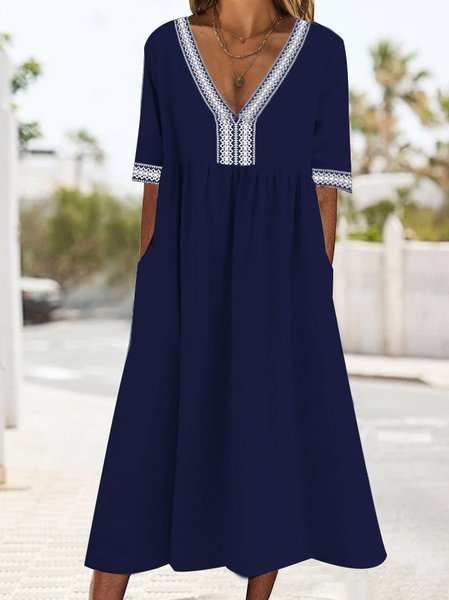 

Casual Ethnic Floral V-Neck Loose Knit Dress, Dark blue, Dresses