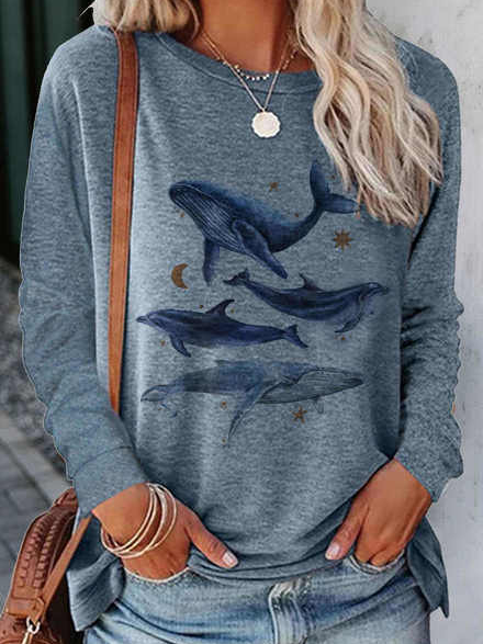 

Cotton-Blend Marine Life Casual Tops, Blue, T-Shirts