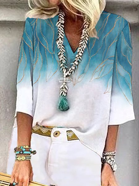 

JFN V Neck Ombre Loose Top, Blue, Shirts & Blouses