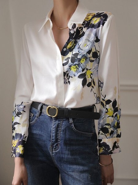 

Elegant Loose Shirt Collar Floral Printed Blouse, White, Blouses and Shirts