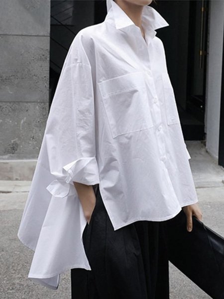 

Daily Long sleeve Urban Plain Shirt Collar Blouse, White, Blouses and Shirts