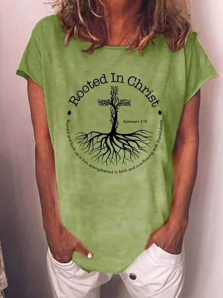 

Women Graphic Rooted In Christ Cross Pray God Bible Verse Christian Crew Neck T-Shirt, Green, T-shirts